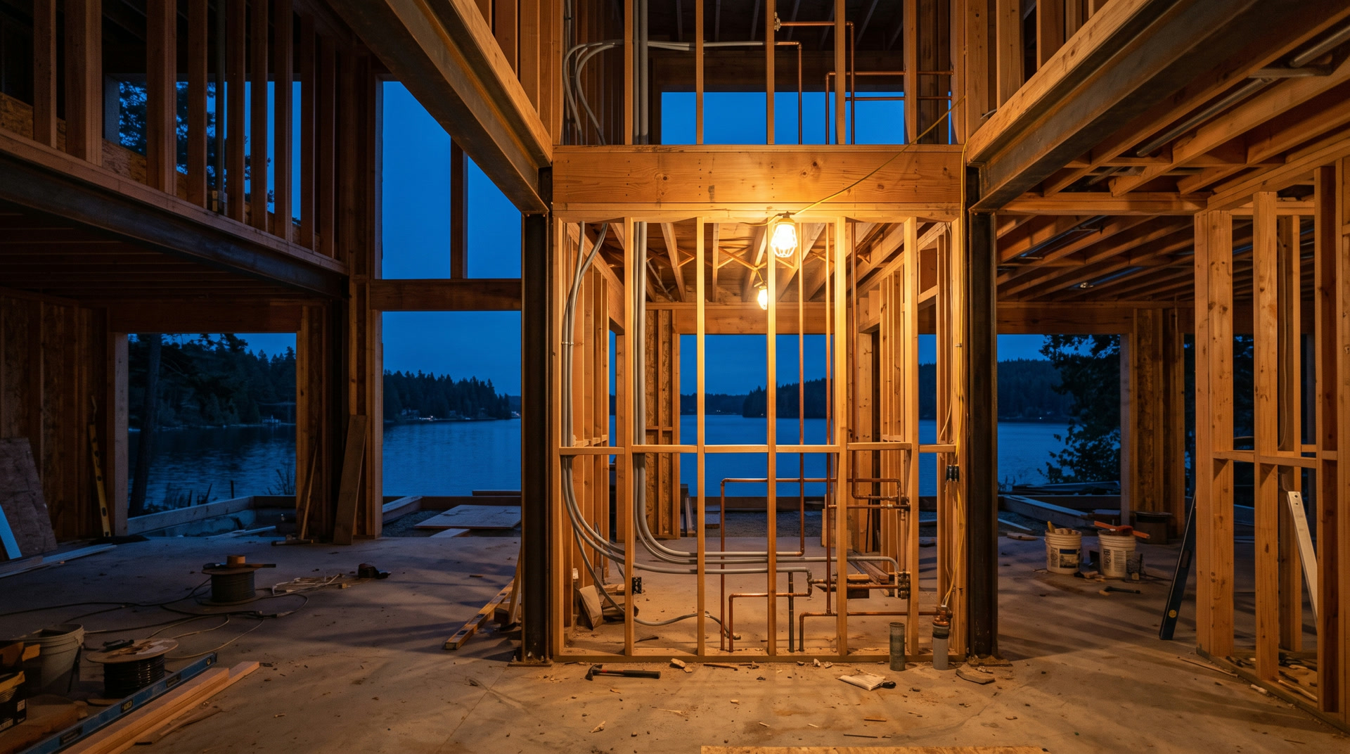 Interior of a home under construction with exposed framing