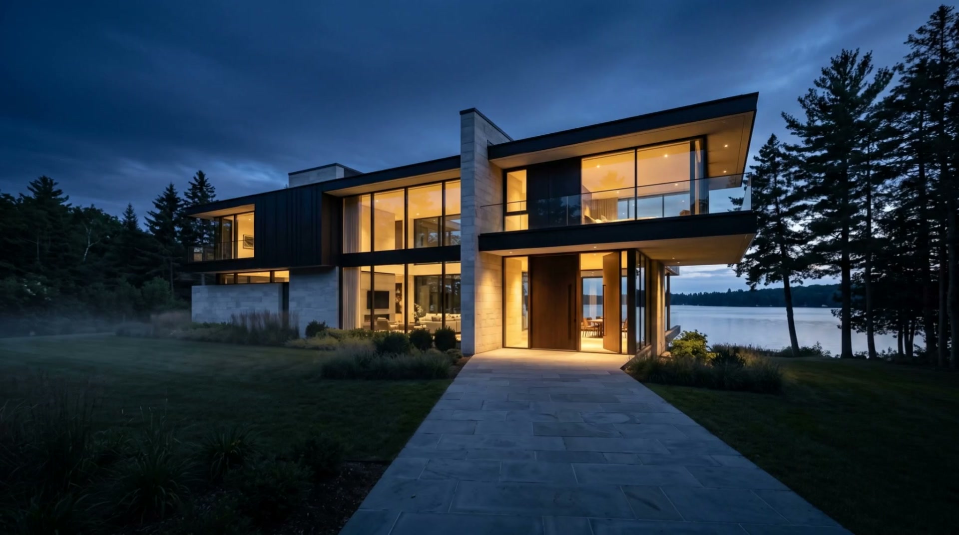 Twilight exterior photograph of a modern lakeside home