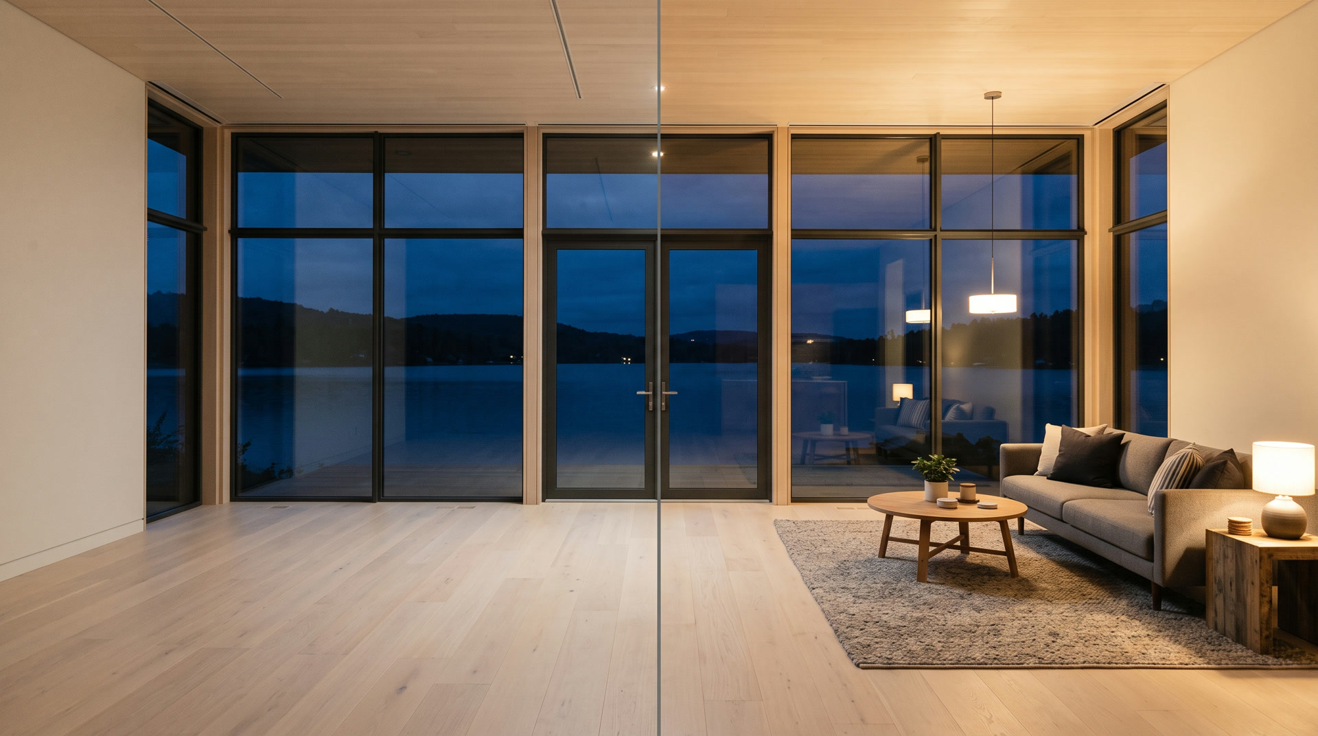 The same living room shown empty on one side and furnished on the other