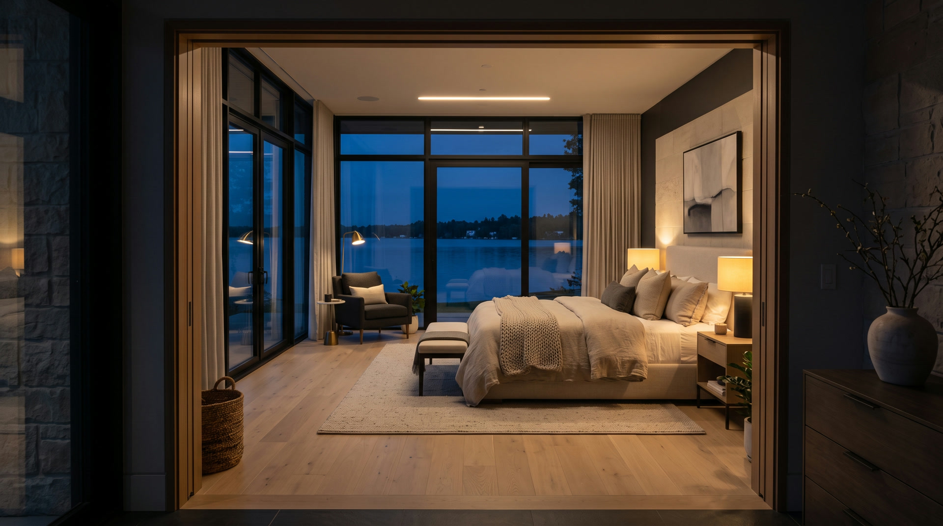 Main bedroom of a lakeside home seen mid virtual tour